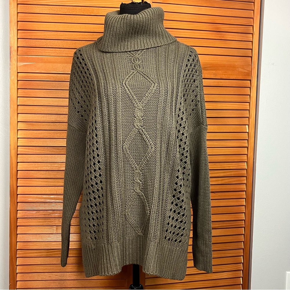 RD Style Olive Green  Cable & Openwork Turtleneck Sweater